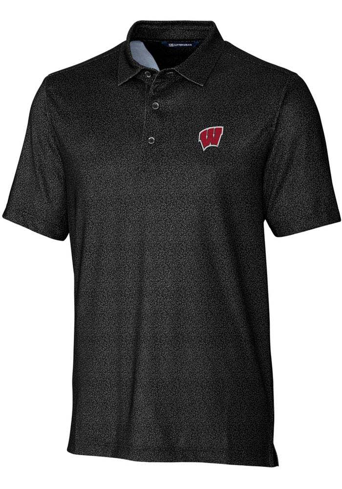 Cutter and Buck Wisconsin Badgers Mens Black Pike Micro Floral Short Sleeve Polo