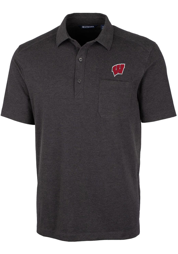 Cutter and Buck Wisconsin Badgers Mens Black Advantage Pocket Short Sleeve Polo