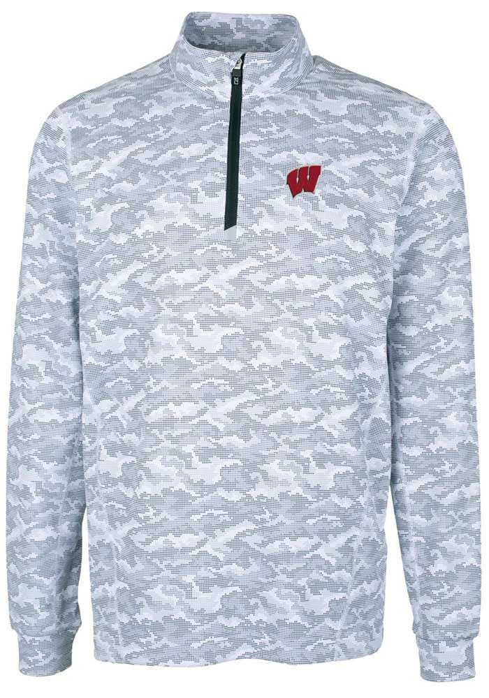Cutter and Buck Wisconsin Badgers Mens Charcoal Traverse Camo Print Stretch Pullover Jackets