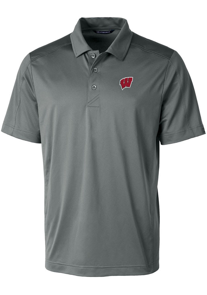 Cutter and Buck Wisconsin Badgers Mens Grey Prospect Textured Short Sleeve Polo