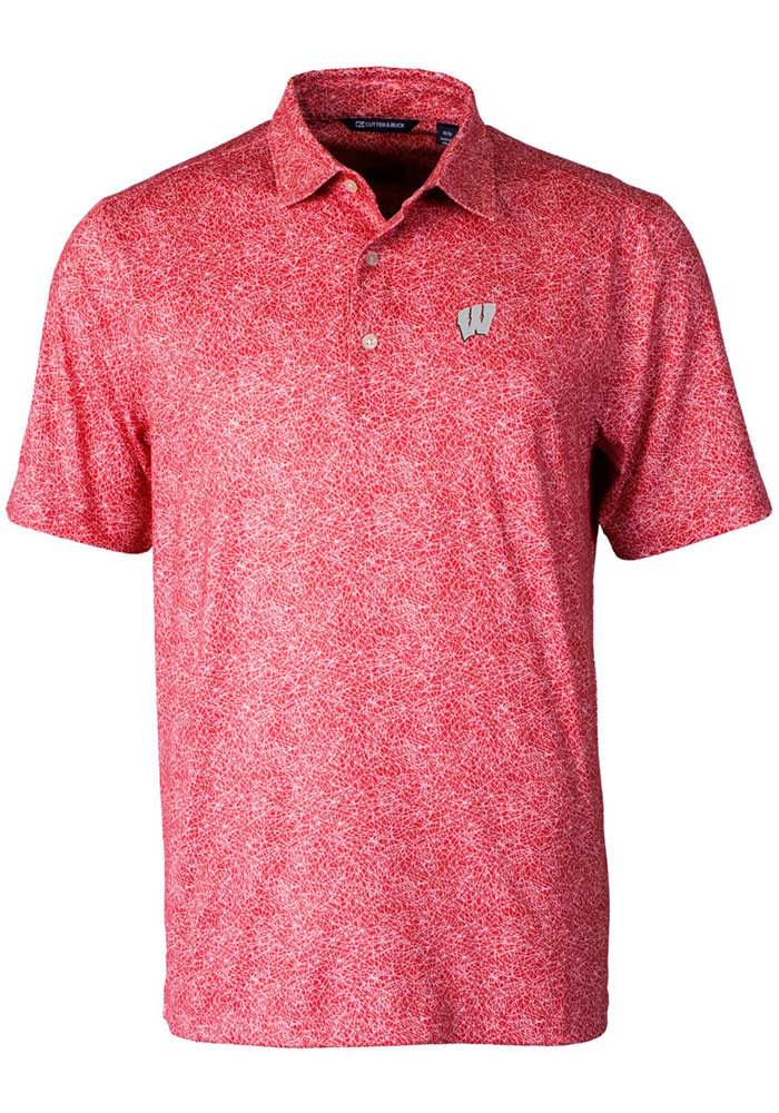 Cutter and Buck Wisconsin Badgers Mens Red Pike Constellation Short Sleeve Polo