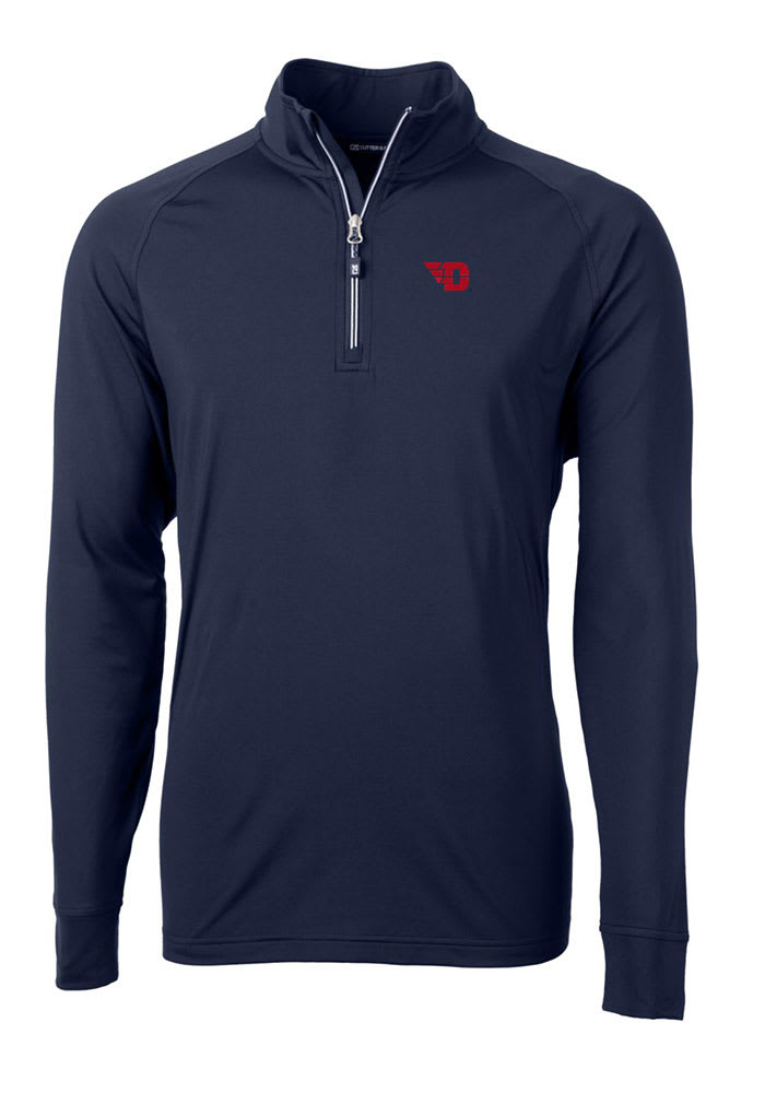 Cutter and Buck Dayton Flyers Mens Navy Blue Adapt Eco Knit Design Long Sleeve 1/4 Zip Pullover