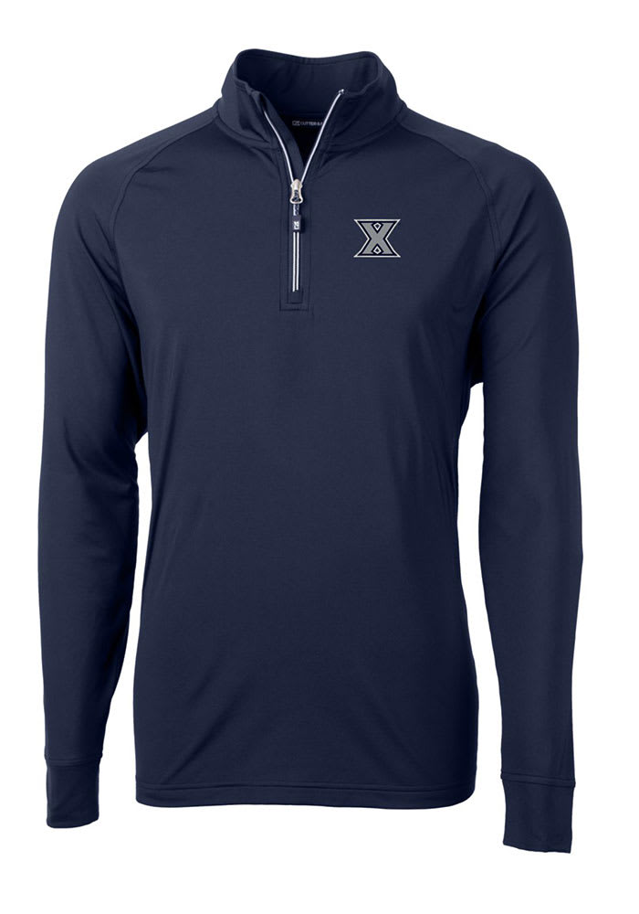 Cutter and Buck Xavier Musketeers Mens Navy Blue Adapt Eco Knit Long Sleeve 1/4 Zip Pullover