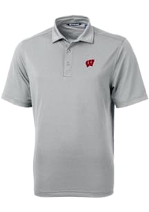 Cutter and Buck Wisconsin Badgers Mens Grey Virtue Eco Pique Short Sleeve Polo
