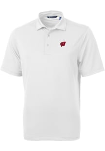 Mens Wisconsin Badgers White Cutter and Buck Virtue Eco Pique Short Sleeve Polo Shirt