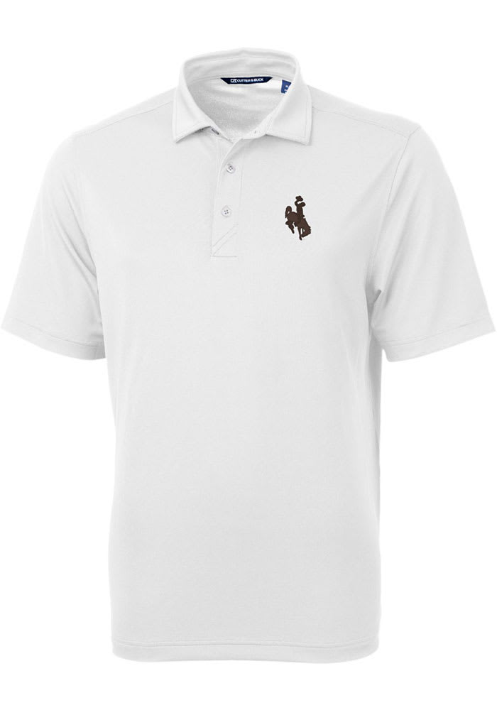 Cutter and Buck Wyoming Cowboys Mens White Virtue Eco Pique Short Sleeve Polo