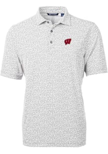 Cutter and Buck Wisconsin Badgers Mens Grey Virtue Eco Pique Botanical Short Sleeve Polo