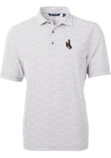 Cutter and Buck Wyoming Cowboys Mens Grey Virtue Eco Pique Botanical Short Sleeve Polo