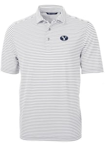 Cutter and Buck BYU Cougars Mens Grey Virtue Eco Pique Stripe Short Sleeve Polo
