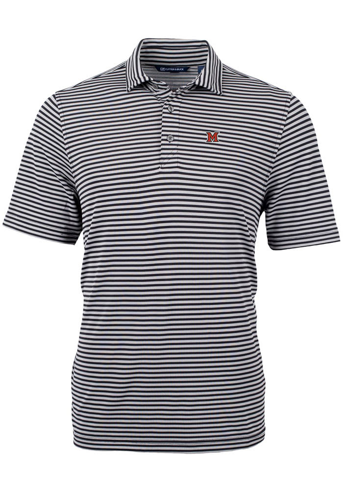 Cutter and Buck Miami RedHawks Mens Black Virtue Eco Pique Stripe Short Sleeve Polo