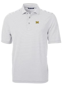 Mens Michigan Wolverines Grey Cutter and Buck Virtue Eco Pique Stripe Short Sleeve Polo Shirt