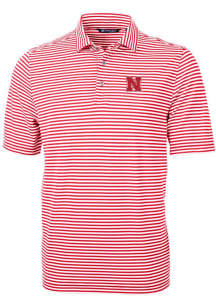Mens Nebraska Cornhuskers Red Cutter and Buck Virtue Eco Pique Stripe Short Sleeve Polo Shirt