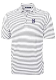 Mens Northwestern Wildcats Grey Cutter and Buck Virtue Eco Pique Stripe Short Sleeve Polo Shirt