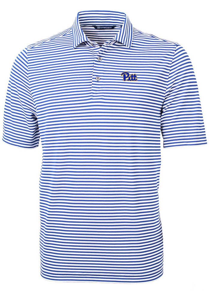 Cutter and Buck Pitt Panthers Mens Blue Virtue Eco Pique Stripe Short Sleeve Polo