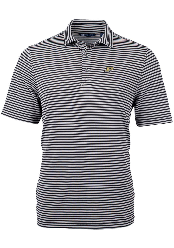 Cutter and Buck Purdue Boilermakers Mens Black Virtue Eco Pique Stripe Short Sleeve Polo