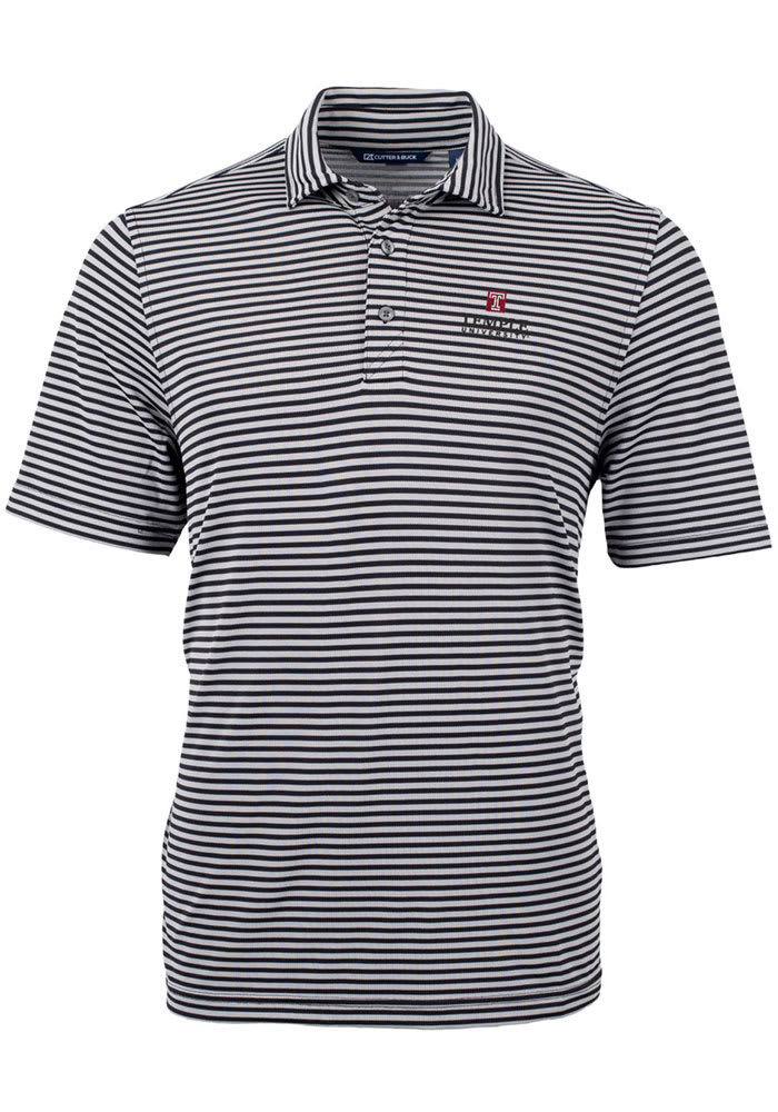 Cutter and Buck Temple Owls Mens Black Virtue Eco Pique Stripe Short Sleeve Polo