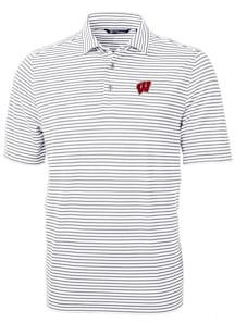 Cutter and Buck Wisconsin Badgers Mens Grey Virtue Eco Pique Stripe Short Sleeve Polo