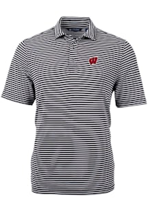 Cutter and Buck Wisconsin Badgers Mens Black Virtue Eco Pique Stripe Short Sleeve Polo
