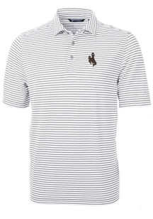Cutter and Buck Wyoming Cowboys Mens Grey Virtue Eco Pique Stripe Short Sleeve Polo
