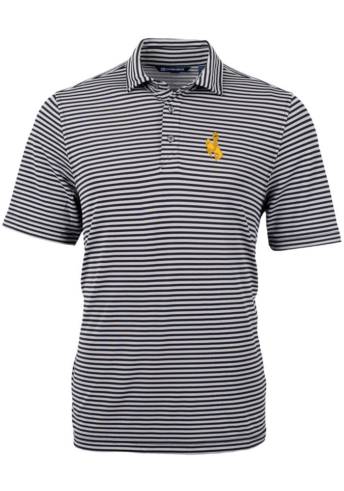 Cutter and Buck Wyoming Cowboys Mens Black Virtue Eco Pique Stripe Short Sleeve Polo