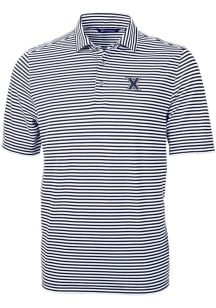 Cutter and Buck Xavier Musketeers Mens Navy Blue Virtue Eco Pique Stripe Short Sleeve Polo