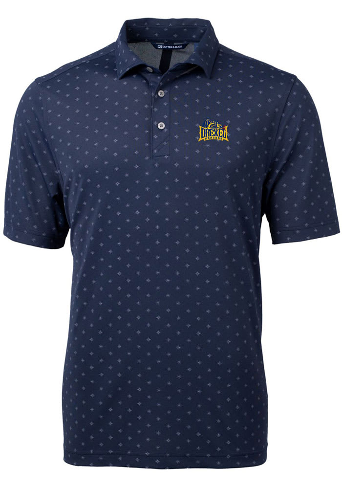 Cutter and Buck Drexel Dragons Mens Navy Blue Virtue Eco Pique Tile Short Sleeve Polo