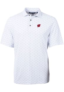 Mens Wisconsin Badgers White Cutter and Buck Virtue Eco Pique Tile Short Sleeve Polo Shirt