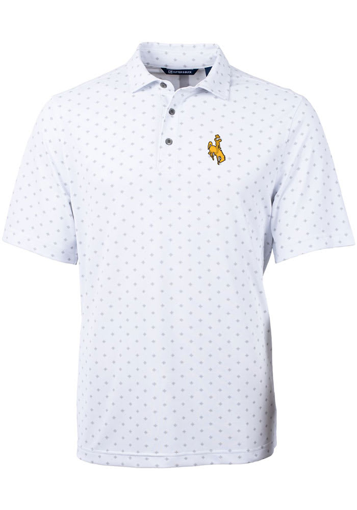 Cutter and Buck Wyoming Cowboys Mens White Virtue Eco Pique Tile Short Sleeve Polo