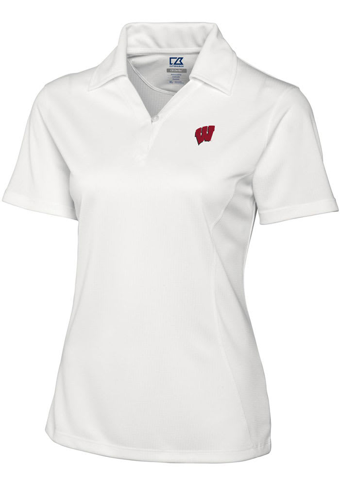 Cutter and Buck Wisconsin Badgers Womens White Drytec Genre Textured Short Sleeve Polo Shirt