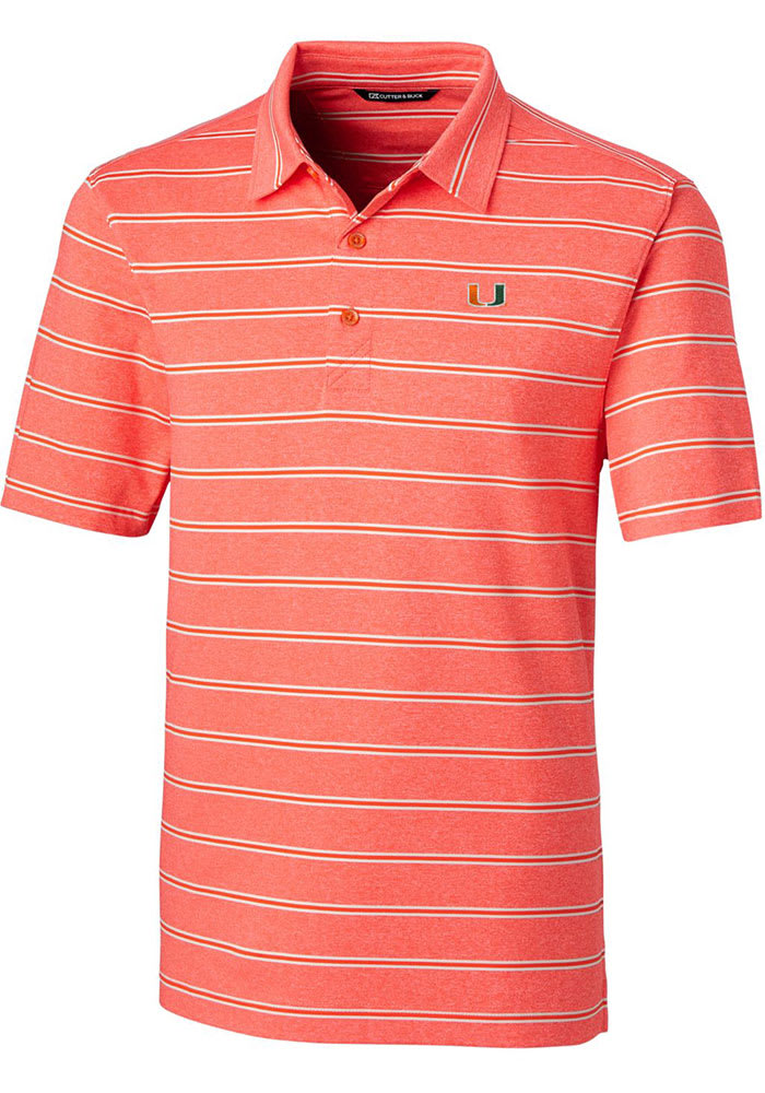 Cutter and Buck Miami Hurricanes Mens Orange Forge Heathered Stripe Short Sleeve Polo