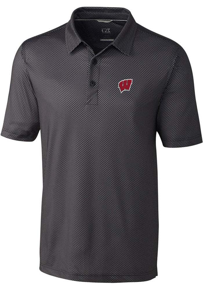Cutter and Buck Wisconsin Badgers Mens Black Pike Mini Pennant Short Sleeve Polo