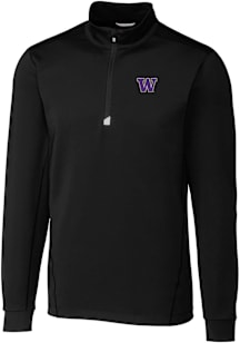 Mens Washington Huskies Black Cutter and Buck Traverse Stretch Qtr Zip Pullover