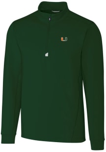 Cutter and Buck Miami Hurricanes Mens Green Traverse Stretch Long Sleeve 1/4 Zip Pullover