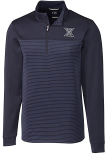 Cutter and Buck Xavier Musketeers Mens Navy Blue Traverse Stripe Stretch Long Sleeve 1/4 Zip Pul..