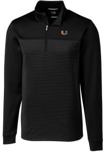 Cutter and Buck Miami Hurricanes Mens Black Traverse Stripe Stretch Long Sleeve 1/4 Zip Pullover