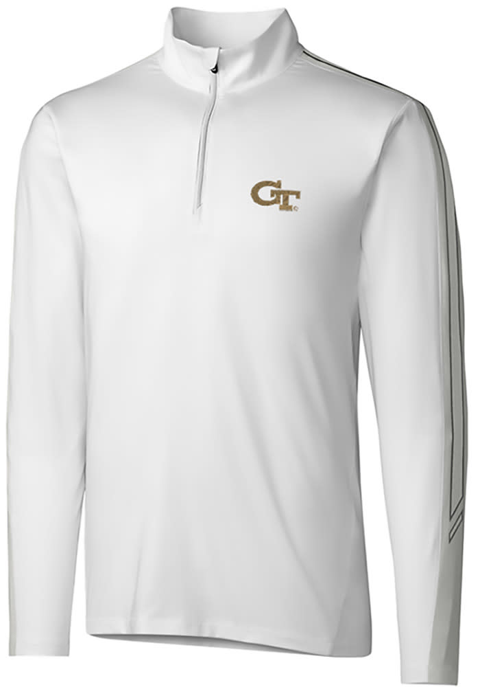 Cutter and Buck GA Tech Yellow Jackets Mens White Pennant Sport Long Sleeve 1/4 Zip Pullover
