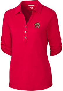 Cutter and Buck Maryland Terrapins Womens Red Thrive Long Sleeve Polo Shirt