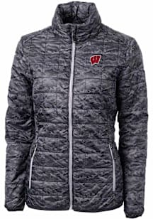 Womens Wisconsin Badgers Black Cutter and Buck Rainier PrimaLoft Printer Puffer Filled Jacket