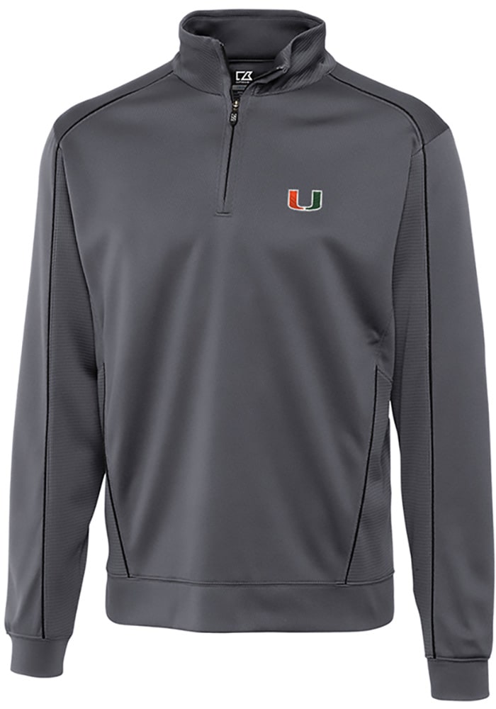 Cutter and Buck Miami Hurricanes Mens Grey Edge Long Sleeve 1/4 Zip Pullover