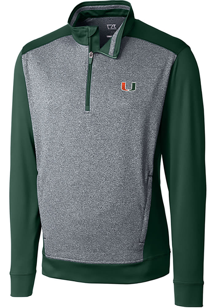 Cutter and Buck Miami Hurricanes Mens Green Replay Long Sleeve 1/4 Zip Pullover