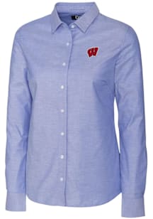 Cutter and Buck Wisconsin Badgers Womens Stretch Oxford Long Sleeve Blue Dress Shirt