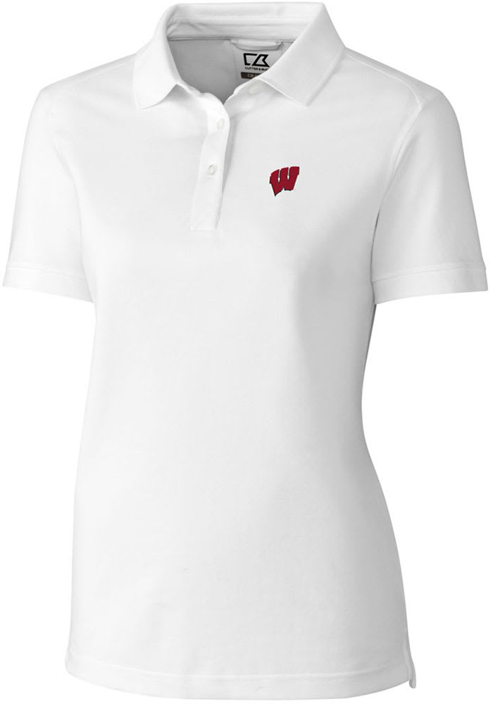 Cutter and Buck Wisconsin Badgers Womens White Advantage Pique Short Sleeve Polo Shirt