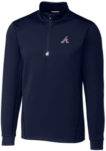 Cutter and Buck Atlanta Braves Mens Navy Blue Traverse Stretch Long Sleeve 1/4 Zip Pullover