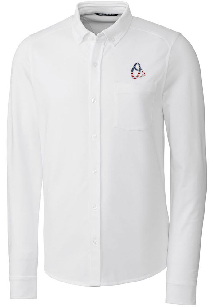 Cutter and Buck Baltimore Orioles Mens White Advantage Tri-Blend Pique Long Sleeve Dress Shirt