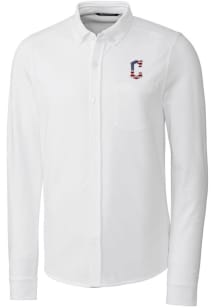 Cutter and Buck Cleveland Guardians Mens White Advantage Tri-Blend Pique Long Sleeve Dress Shirt