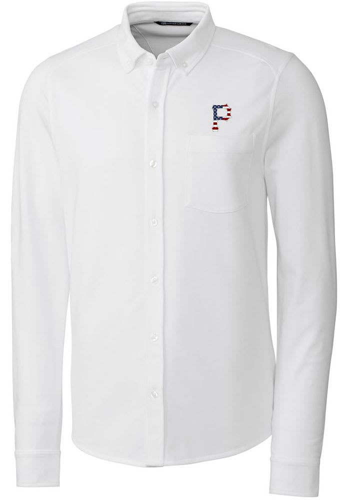 Cutter and Buck Pittsburgh Pirates Mens White Advantage Tri-Blend Pique Long Sleeve Dress Shirt
