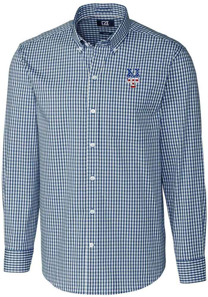 Cutter and Buck New York Mets Mens Navy Blue Easy Care Gingham Long Sleeve Dress Shirt