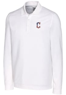Cutter and Buck Cleveland Guardians Mens White Advantage Pique Long Sleeve Big and Tall Polos Sh..