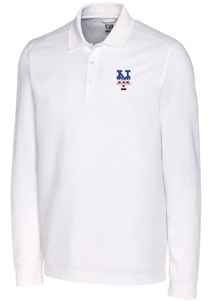 Cutter and Buck New York Mets Mens White Advantage Pique Long Sleeve Big and Tall Polos Shirt