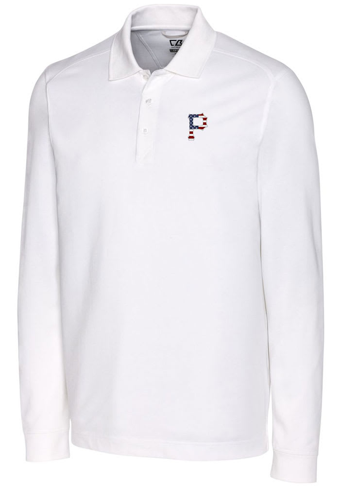 Cutter and Buck Pittsburgh Pirates Mens White Advantage Pique Long Sleeve Big and Tall Polos Shirt